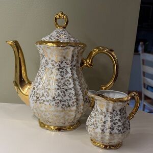 Bareuther Bavaria China coffee pot and creamer gold tone floral pattern